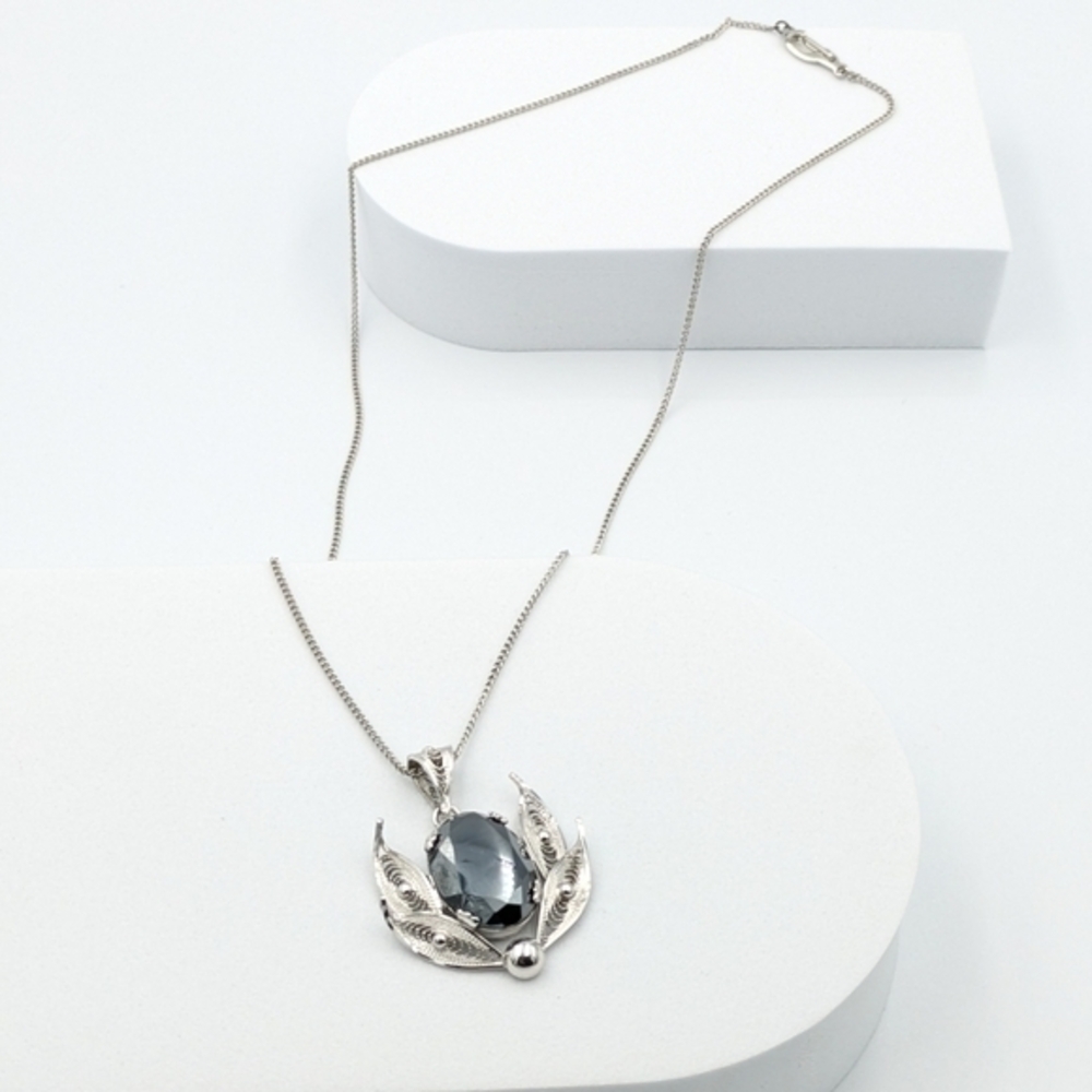 Vintage Designer Signed Sorrento Hematite Filigree Sterling Silver Necklace - Picture 2 of 8